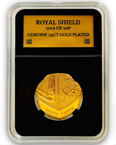 24ct Gold Plated Royal Shield 2019 50p Coin In Case